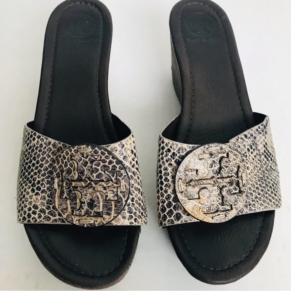 Tory Burch Patti Snakeskin Leather Platform Wedge Slide Sandals Shoes Size 9 - Picture 8 of 10